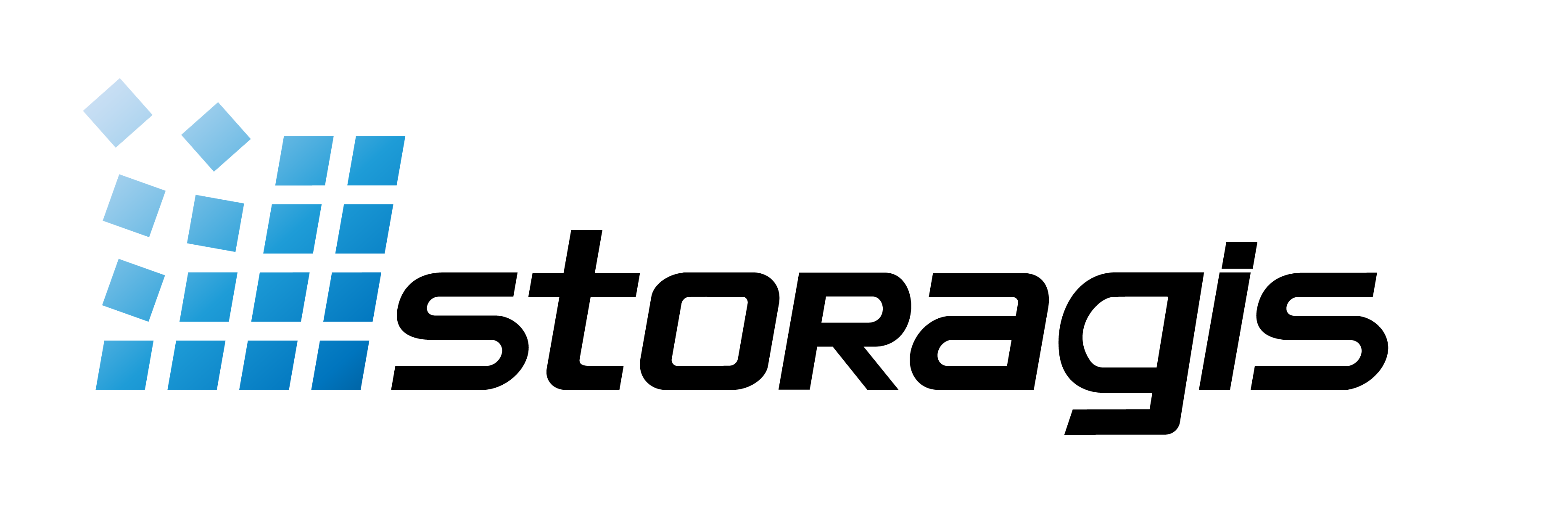logo of storagis compagny, it's made of a checkerboard in a gradient blue and the word storagis written in capital black letters